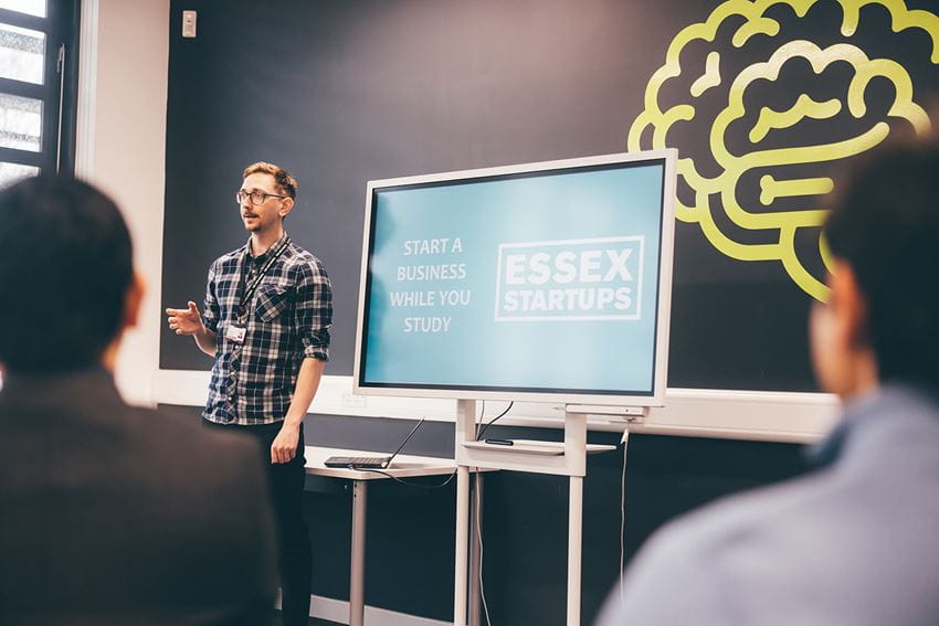 Andy Mew, Head of Start-Up Support at the University of Essex, presents a workshop on entrepreneurship to a class of MBA students in the Innovation Centre