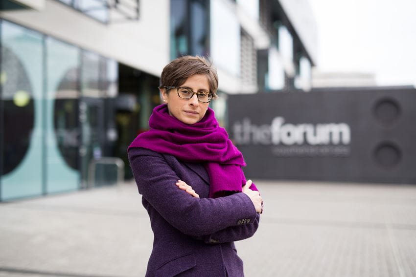 Dr Marianna Marra, Lecturer in Management Science at Essex Business School, stands outside The Forum building in Southend-on-Sea.