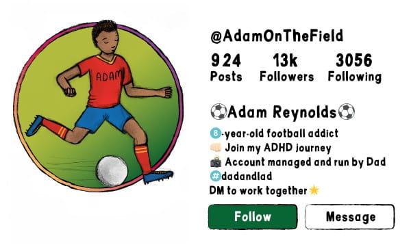 A drawing of a social media profile, with a boy in football kit on the left. On the right is his username, AdamOnTheField, and his profile details.