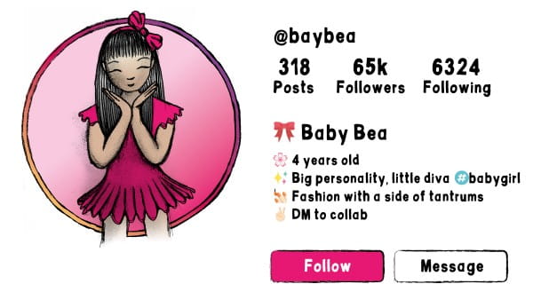 A drawing of a social media profile, with a girl in a pink dress on the left. On the right is her username, BayBea, and her profile details.