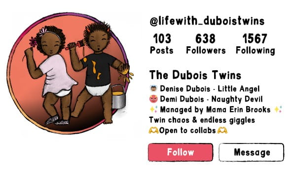 A drawing of a social media profile, with two toddlers, one in a dress and one in a t-shirt. On the right is their username, the Dubois twins, and their profile details.