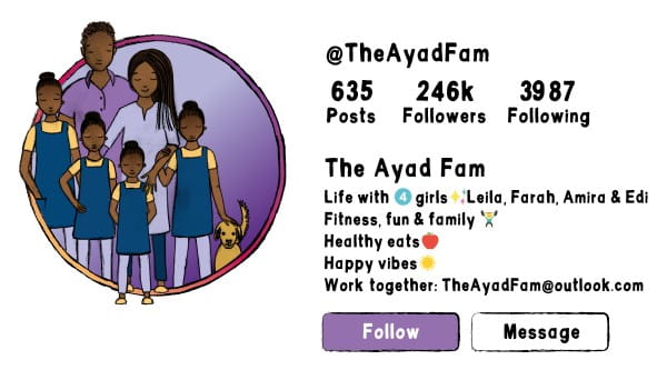A drawing of a social media profile, with a family of parents, four girls dressed identically, and a dog on the left. On the right is their username, TheAyadFam, and their profile details.