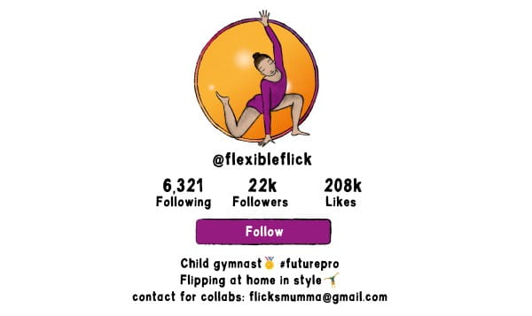 A drawing of a social media profile, with a girl in a purple leotard in a stretch pose at the top. Underneath is her username, FlexibleFlick, and her profile details.