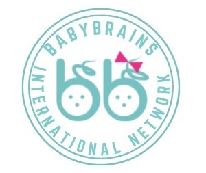 A round logo with turquoise text that reads "Babybrains International Network" and in the middle the letter "B" twice, one with a pink bow.