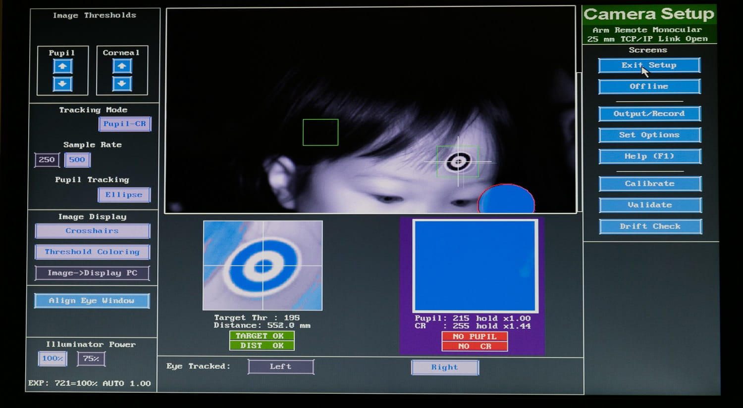 A shot of a computer screen showing different types of information coming from an eye-tracking test with a toddler.)
