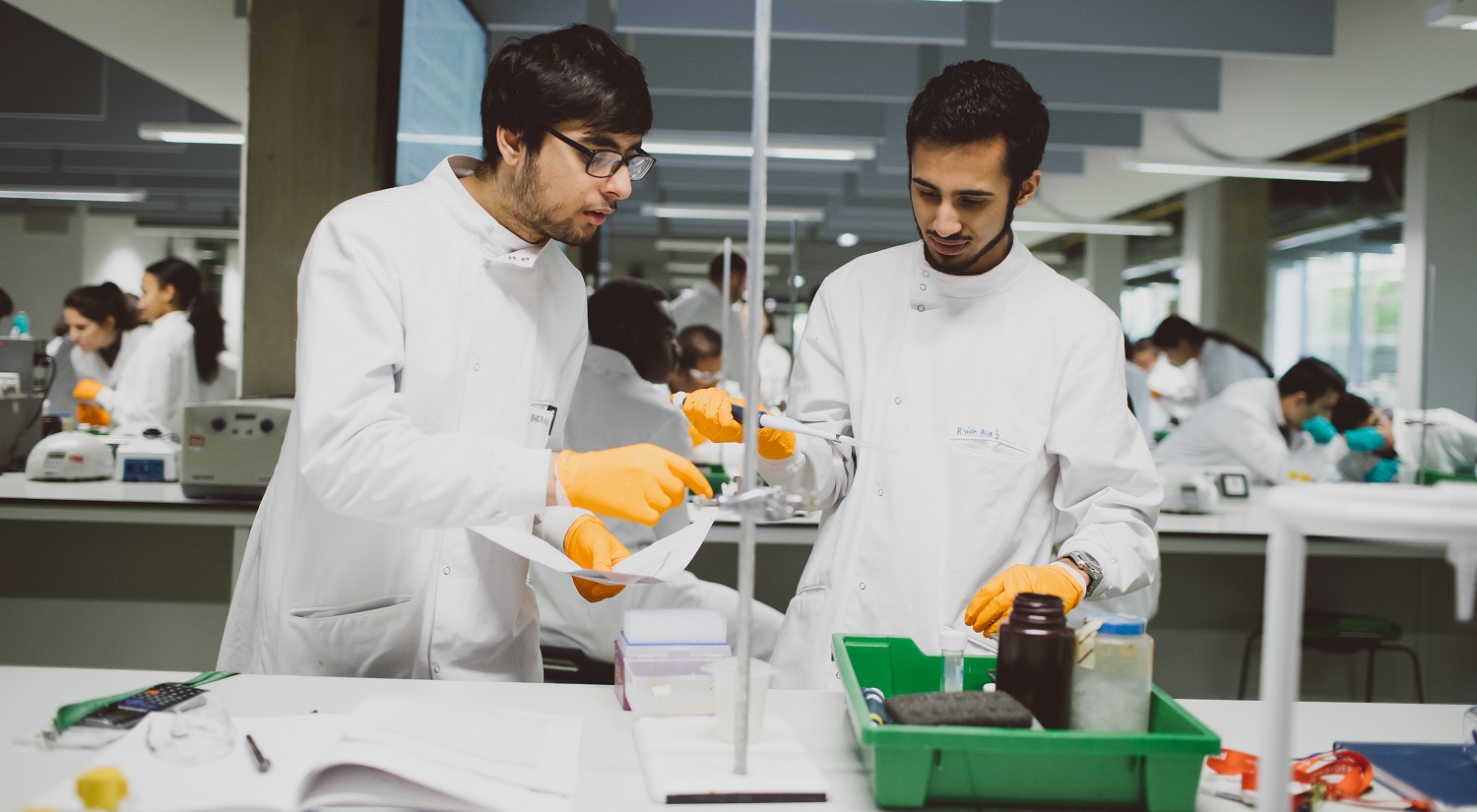 Two male students in white lab coats wearing yellow gloves. One holds a large pipette in his right hand, the other is holding a piece of paper and pointing towards something on the lab bench in front of them. A green plastic tray with bottles and jars is in the foreground.