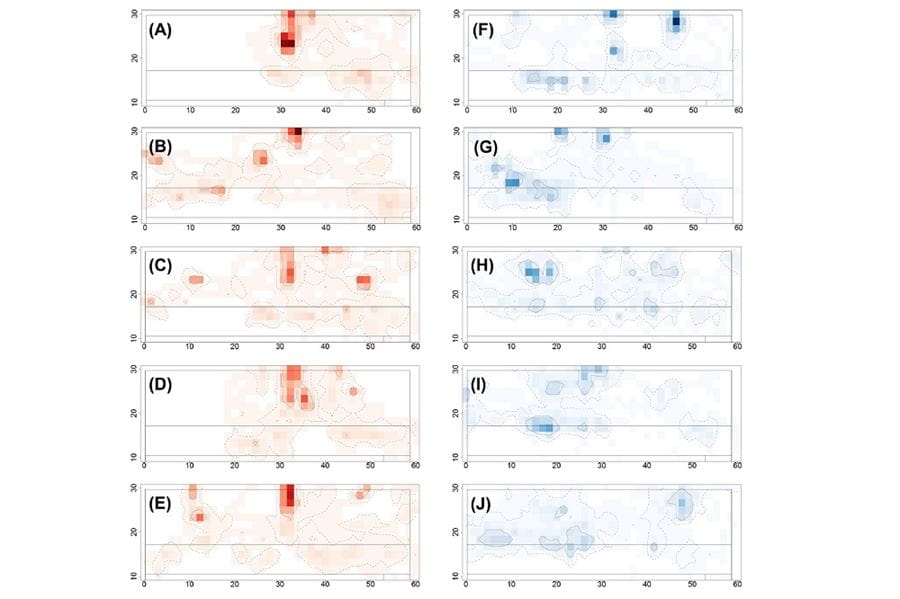 Two heat maps, one in orange and one in blue, that show the space used by cows who are lame (orange) or healthy (blue).