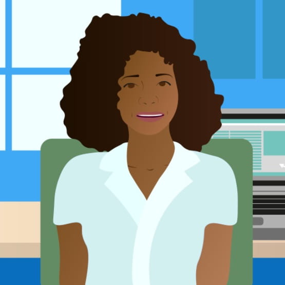 A vector image of a Black woman sitting in a green chair, with part of a computer screen visible over her shoulder on the right hand side.