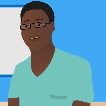 A vector image of a Black man wearing glasses and green hospital scrubs, with a blue background.