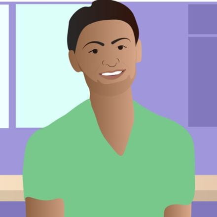 A vector image of a mixed-race student with short hair, wearing a green top, with a purple background.