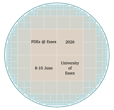 A circle with lots of light blue and orange squares inside it. The words "PDEs @ Essex 2026" and "8 - 10 June University of Essex" are in the middle in black text.