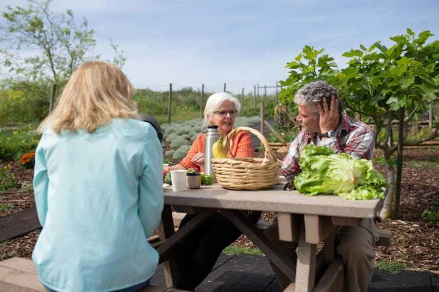 Three older adults sitting and chatting at a picnic bench with a basket, thermos and food in front of them.