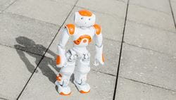 An orange and white zora robot standing outside on a paved floor, looking up and towards the camera.