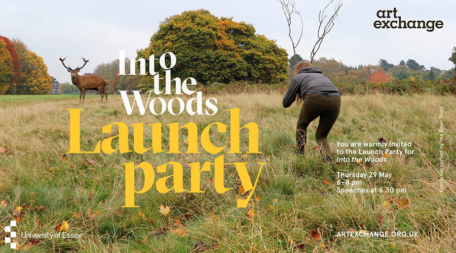 A person is crouched in the foreground of a large field, their back to the camera. In the background, a deer with large antlers is looking towards the camera. Overlaid on top is the text 'Into the Woods - Launch Party'. 