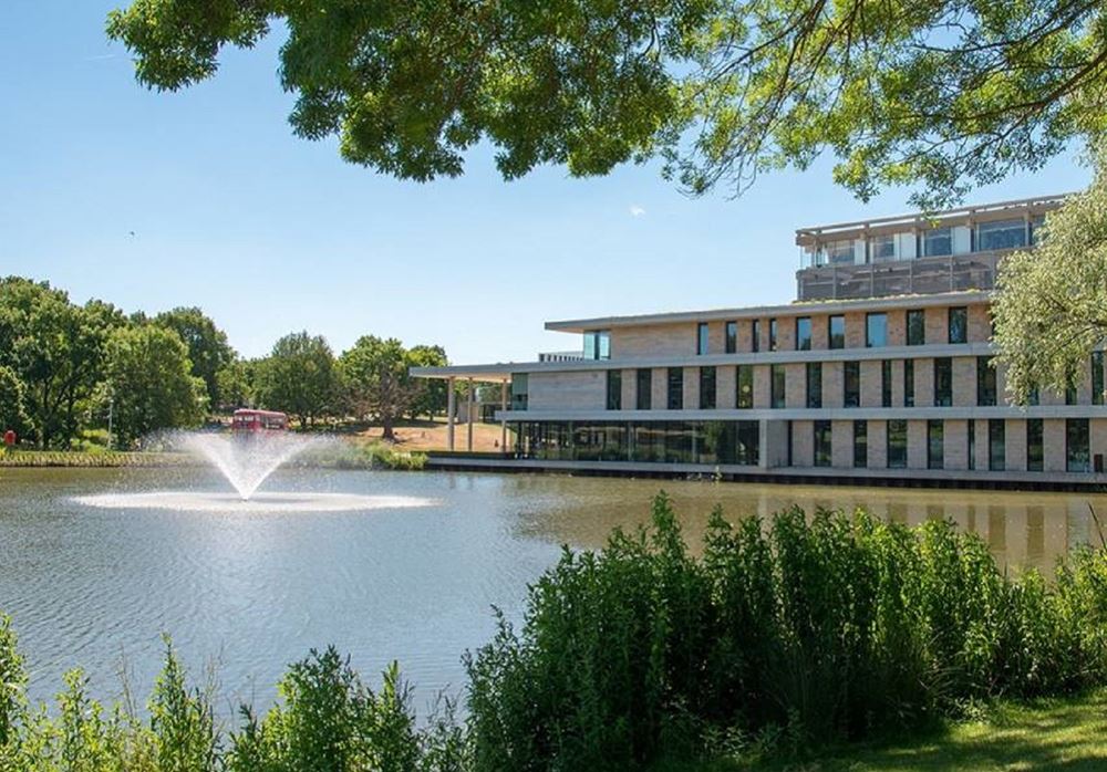 The University of Essex library, viewed from across the lake at the University of Essex.