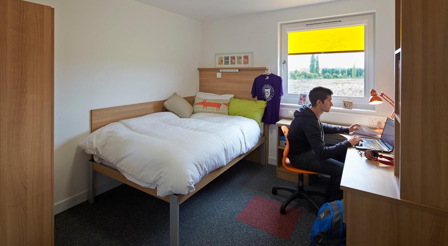 A student working at their desk in their accommodation room at The Meadows