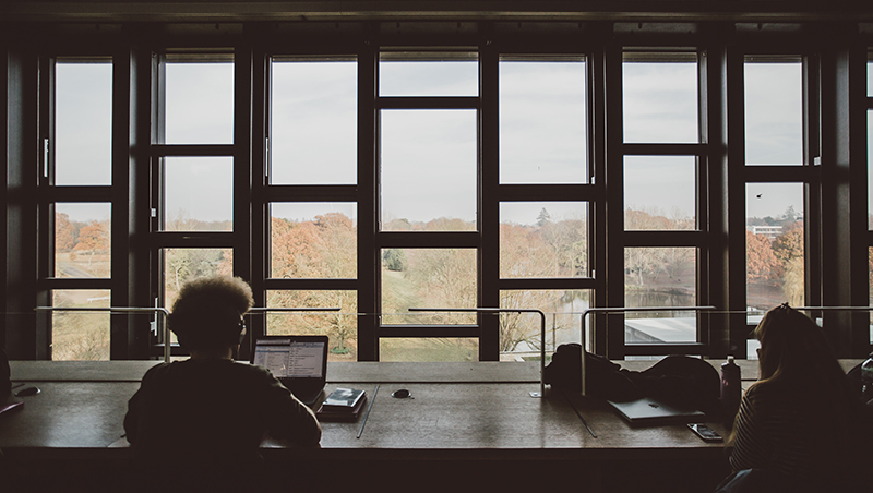 Silhouettes of people working on laptops in front of the Library extension windows.