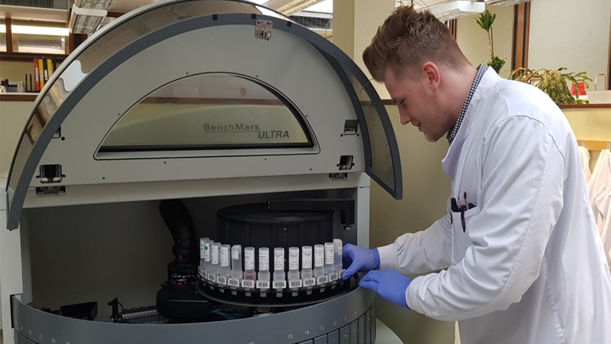 Cain Derrett working in a lab)