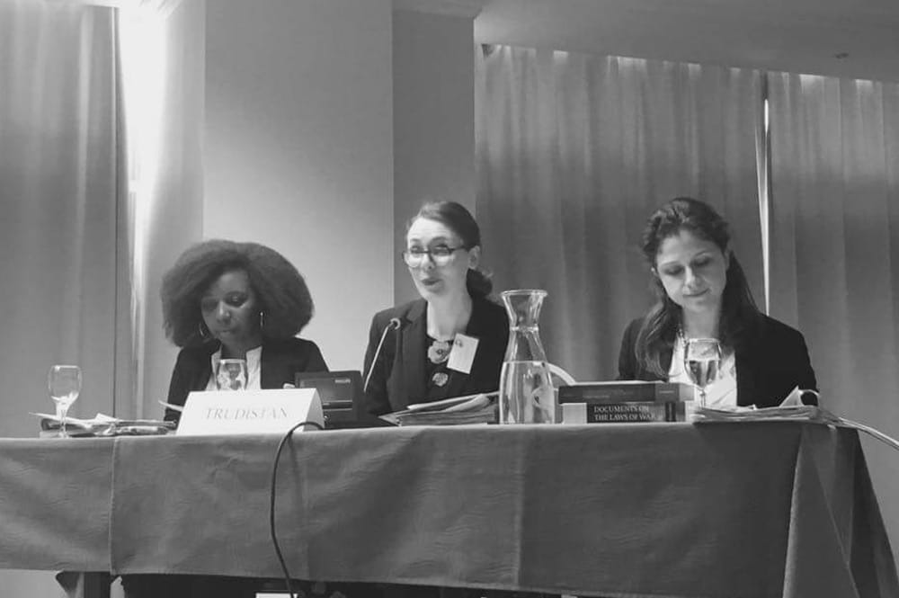 Rasha Mohamed, Natasha Sax and Rumbi Mapolisa speaking in the final of the Jean-Pictet Competition