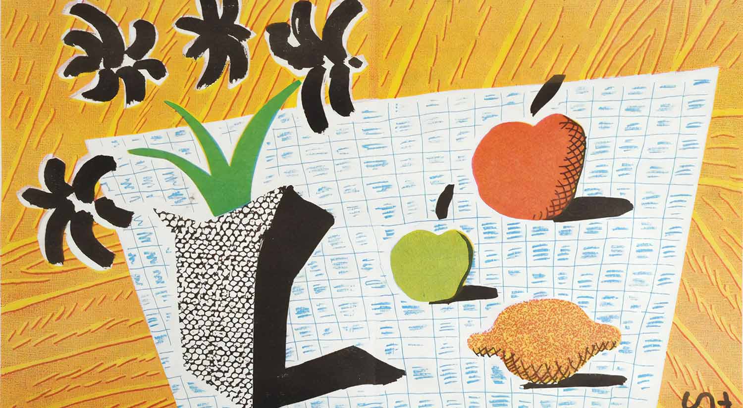 Two Apples and One Lemon and Four Flowers by David Hockney, lithograph, 1997