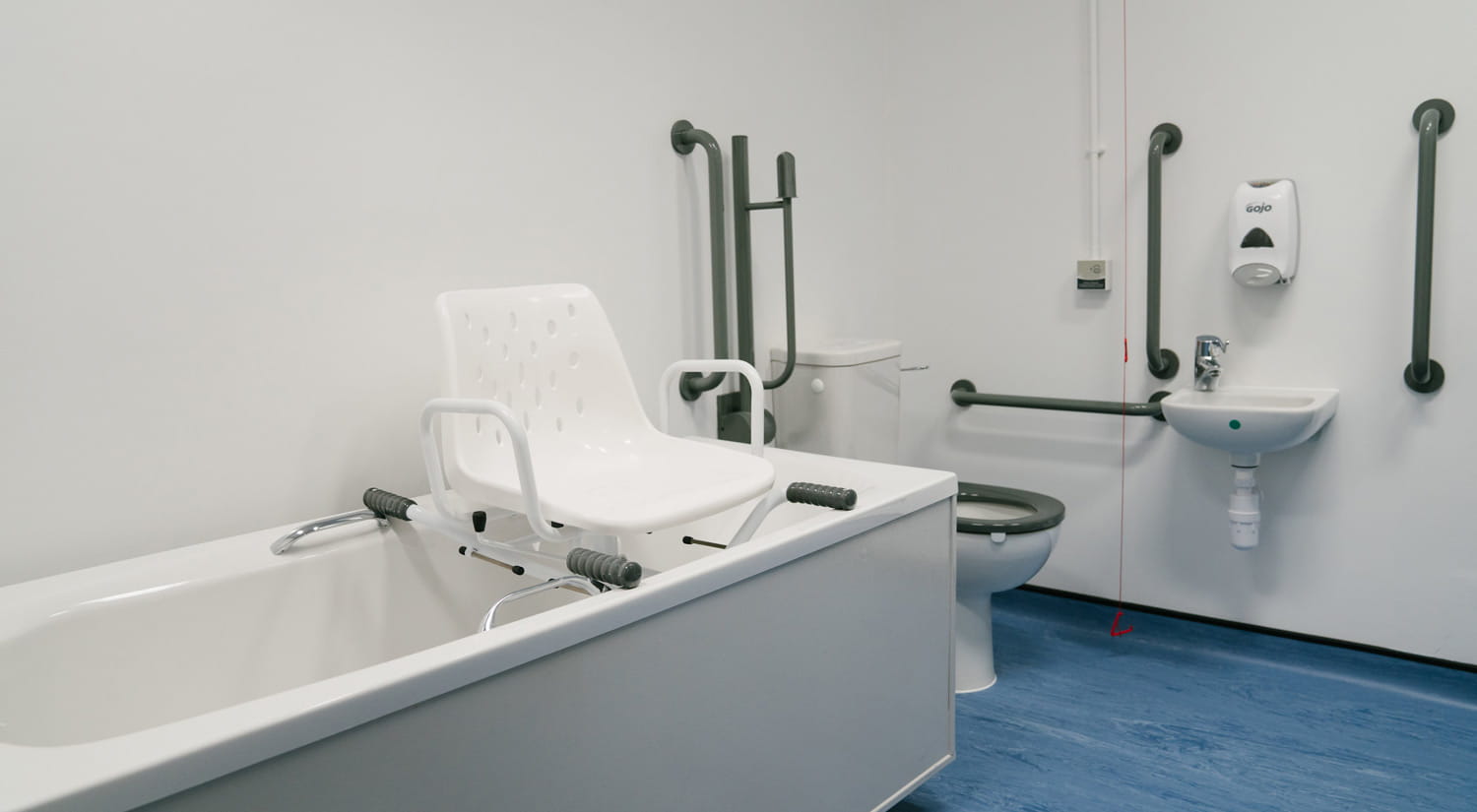 An adapted bathroom where students can practice moving and handling skills