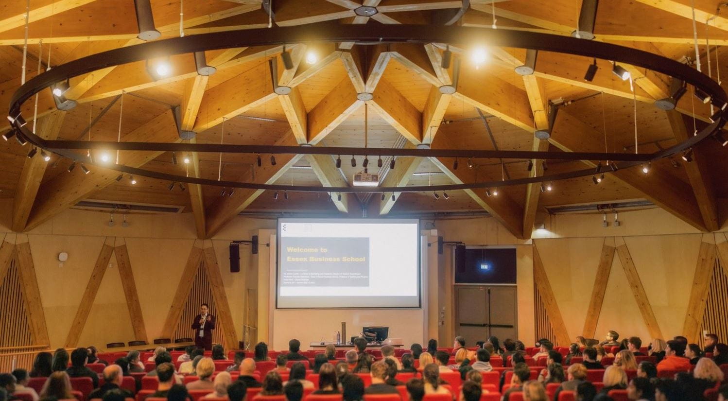 An Open Day talk in our Essex Business School lecture theatre.