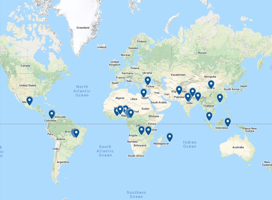 map of world showing locations of GCRF research fellows