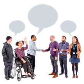 A group of six people with three blank speech bubbles over their heads. The two figures in the middle are shaking hands.