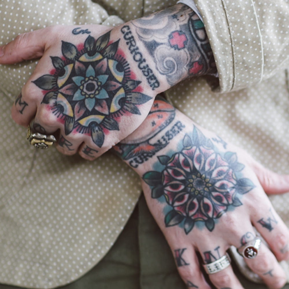 Close-up of tattooed hands
