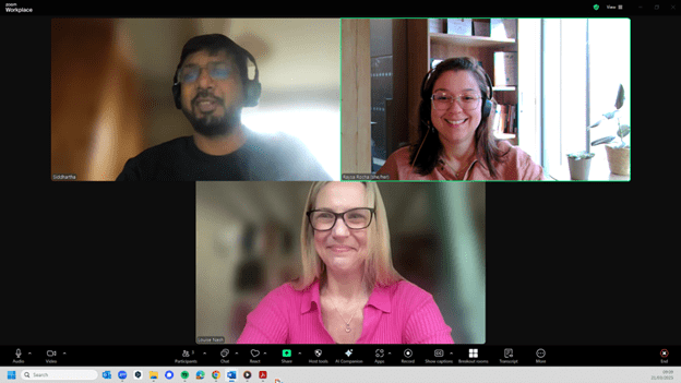 A Zoom screenshot showing Siddhartha Saxena, Raysa Rocha, and Louise Nash.