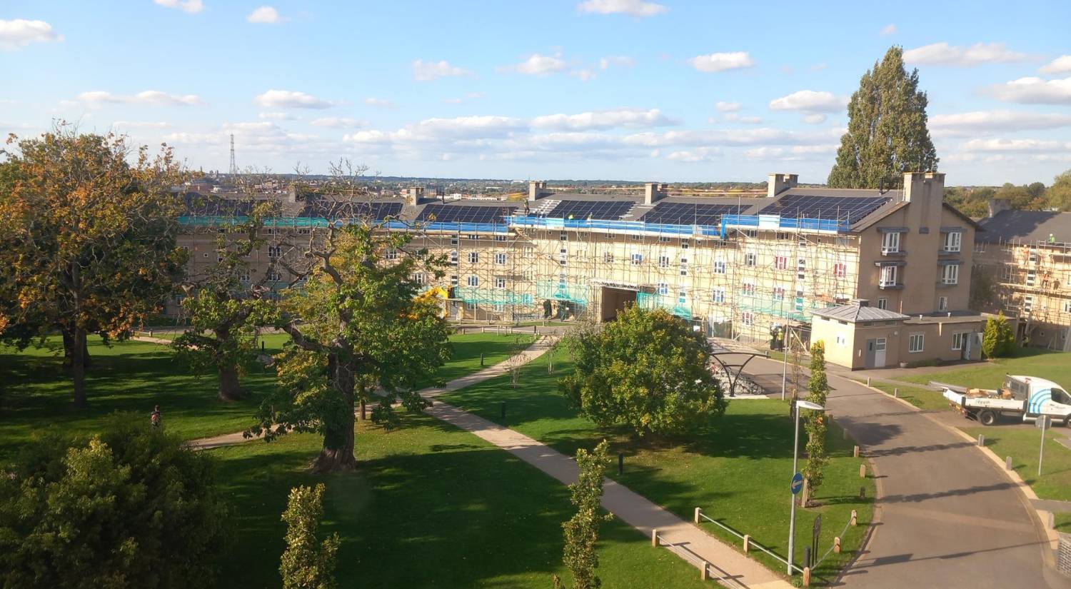 South Courts with scaffolding as solar panel installation nears the end phase