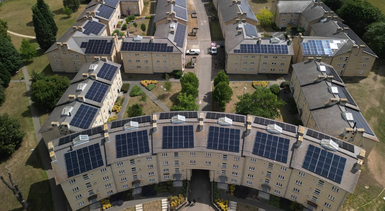 A bird's eye view of the finished solar panel installation in the South Courts area 