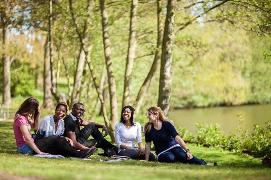 Five students laugh together as they sit with books in the sunshine by the Colchester Campus lakes.