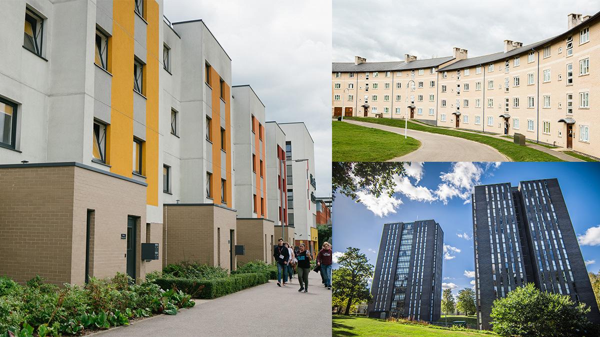 Three side by side images of the accommodation we have on campus