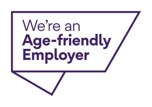 Logo showing purple outline of a box with text stating 'we are an age friendly employer'