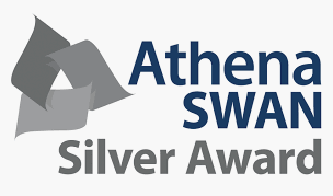The Athena Swan logo in three shades of grey, with "Athena Swan Silver Award" in blue and grey text.