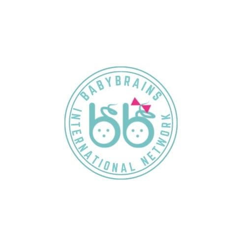 A round logo with turquoise text that reads "Babybrains International Network" and in the middle the letter "B" twice, one with a pink bow.