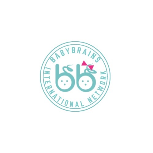 A round logo with turquoise text that reads "Babybrains International Network" and in the middle the letter "B" twice, one with a pink bow.