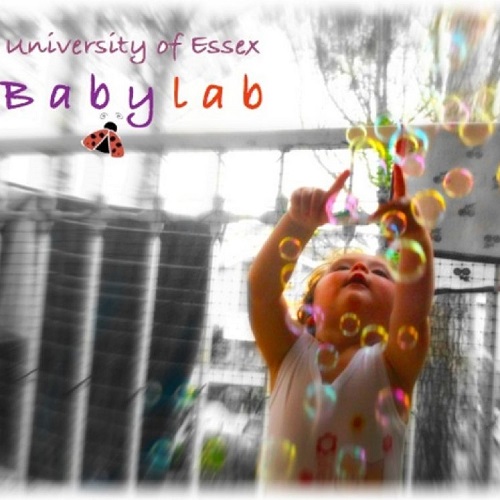 A photo of a baby standing up and reaching for some bubbles floating in front of it, with "University of Essex Babylab" in red and purple text on the left.