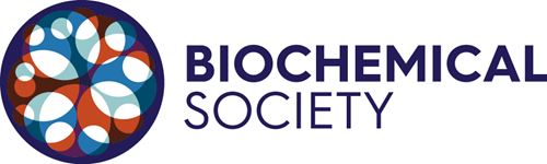 On the left, a series of overlapping circles in blue, green, white and orange, set inside one large purple circle. On the right the words "Biochemical Society" are in purple text.