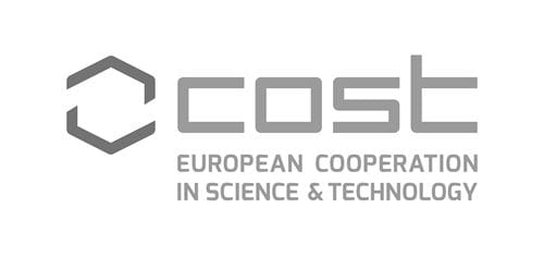 On the left, a grey hexagon made up of broken lines, on the right the words "Cost" and "European Cooperation in Science and Technology" in grey letters.