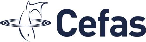 On the left, a blue outline of a fish diving into water, on the left the word "Cefas" in blue text.