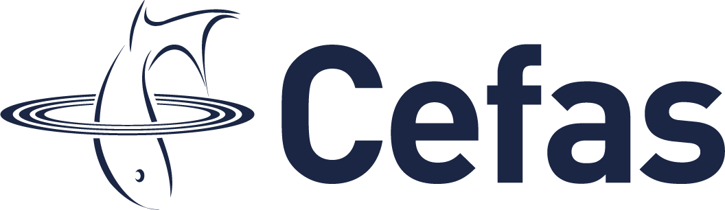 On the left, a blue outline of a fish diving into water, on the left the word "Cefas" in blue text.