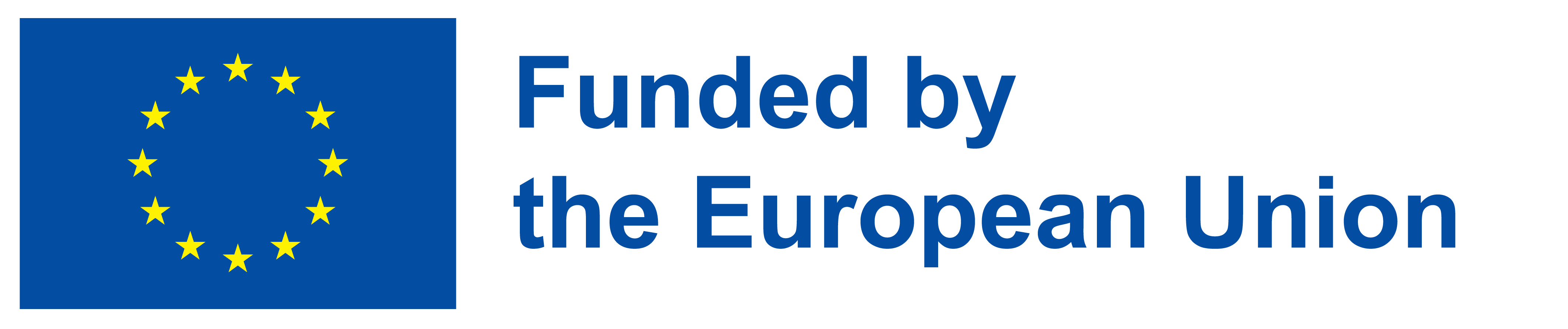 On the left, the EU flag of yellow stars on a field of blue. On the right the words "Funded by the European Union" in blue text on a white background.