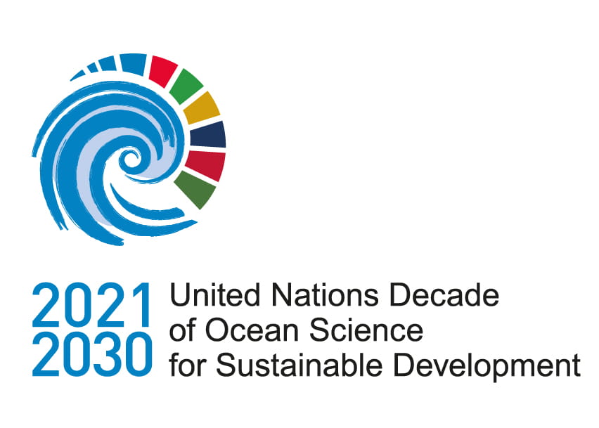 On the left, a blue whirlpool with squares of colour along the outer edge. Underneath the years "2021" and "2030" in blue, and the words "United Nations Decade of Ocean Science for Sustainable Development" in black text.