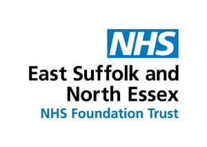 At the top the word "NHS" in white text in a blue box. Underneath "East Suffolk and North Essex" in black text, and underneath that "NHS Foundation Trust" in blue text.