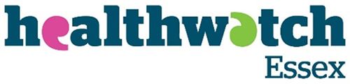 The words "Healthwatch Essex" in turquoise. The first "e" is a pink speech mark, and the second "a" is a green speech mark.