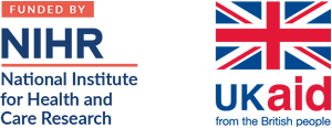 On the left, is the acronym "NIHR" in blue and "National Institute for Health and Care Research" in blue underneath. On the right is a Union Jack flag with "UK Aid from the British People" in blue and red text underneath.