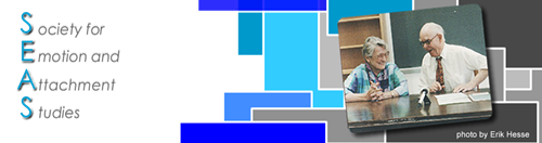 The words "Society for Emotion and Attachment Studies" are listed vertically on the left. On the right is an abstract image in blue and grey with a photo of an elderly couple over the top.