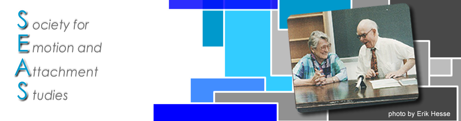 The words "Society for Emotion and Attachment Studies" are listed vertically on the left. On the right is an abstract image in blue and grey with a photo of an elderly couple over the top.